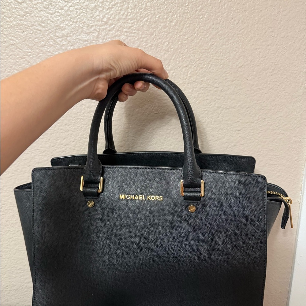 Michael Kors Black Leather Satchel with Gold Hardware